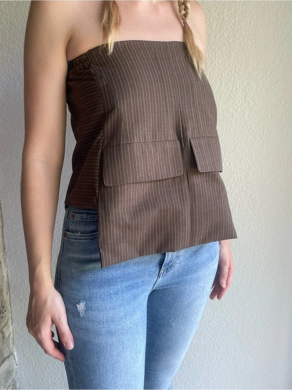 Sleeveless Brown Pinstripe Strapless Tube Top